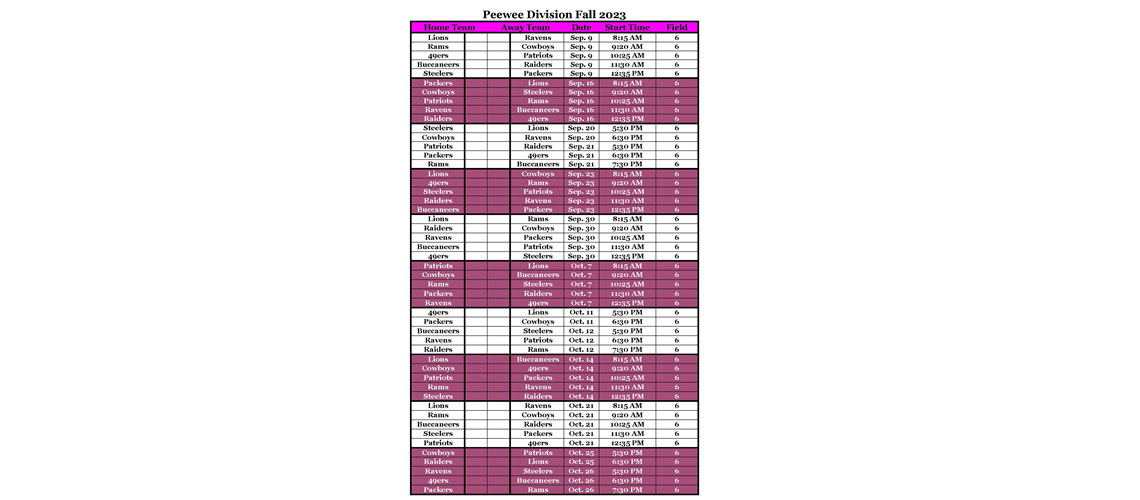 Peewee Schedule
